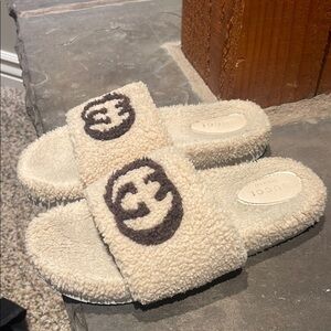 Beige Fuzzy Slides